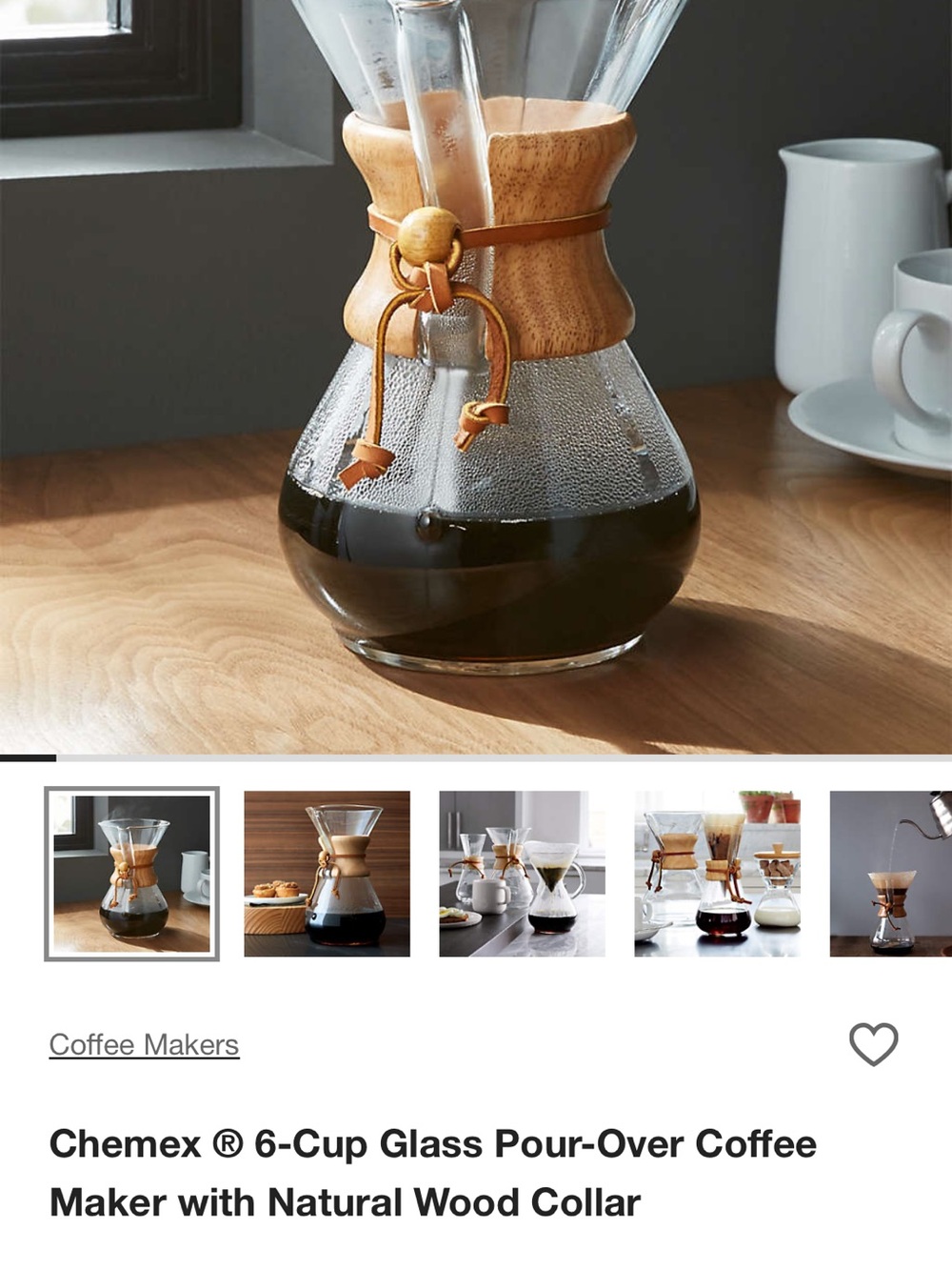 6-Cup Glass Pour-Over Coffee Maker with Natural Wood Collar - Natural